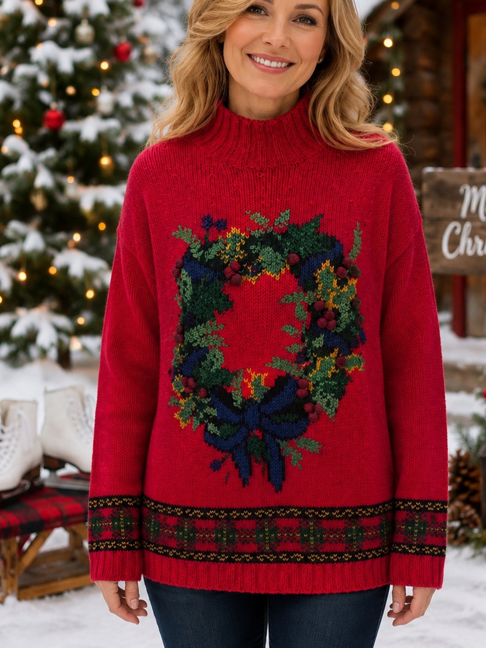 Robert Scott Red Christmas Wreath Vintage 1990s Retro Grandmacore Sweater Sz M